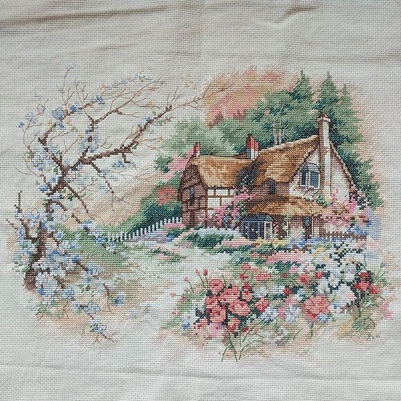 Sunset Design Cottage Enchantment Crosstitch Embroidery Wall Hanging ~11x14" - Picture 2 of 7